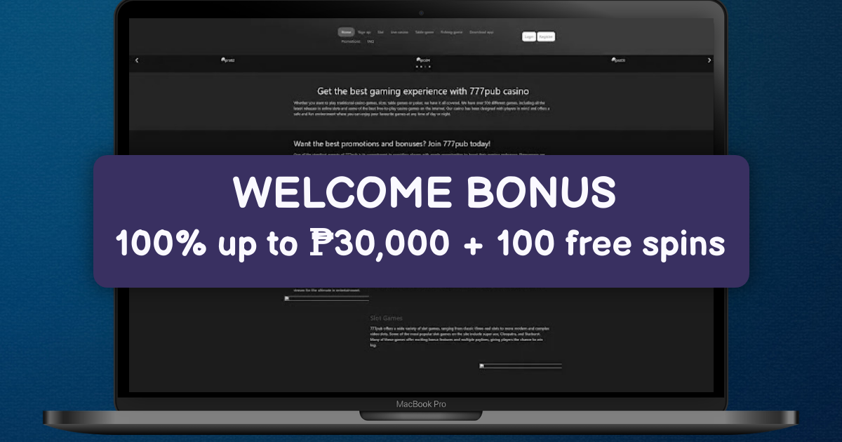 777Pub casino homepage banner with classic luxury design and game access options