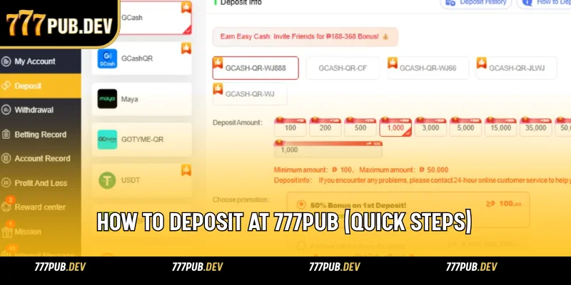 777Pub payment methods screen with deposit and withdrawal options