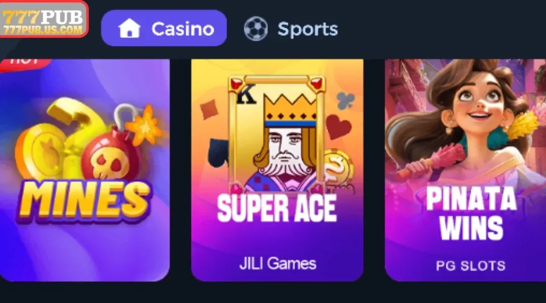 777Pub popular casino games screen with featured titles and lobby categories