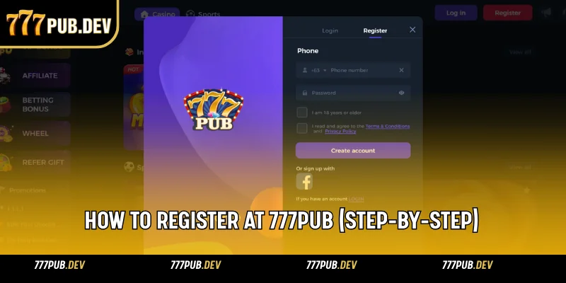 777Pub registration interface showing account setup flow for new players
