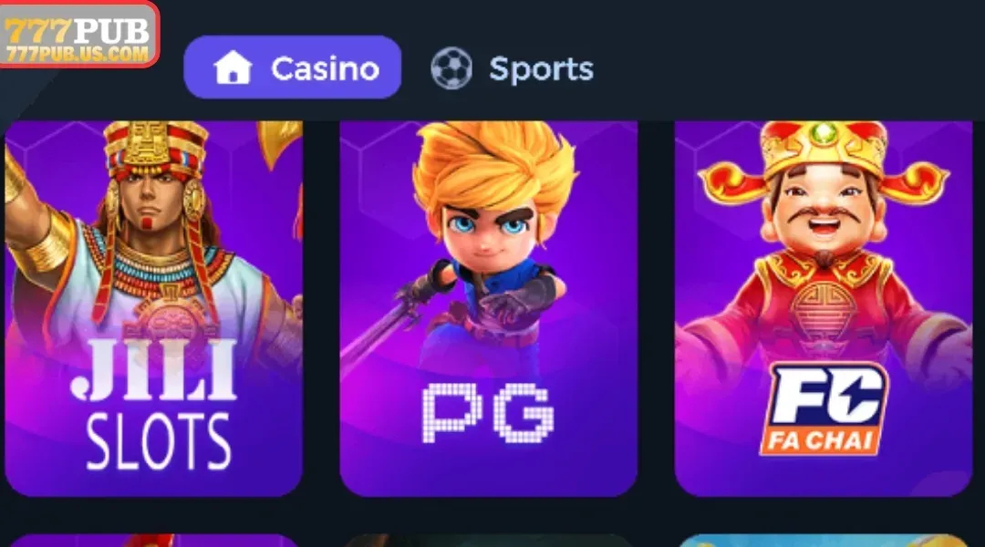 777Pub game providers section featuring JILI Pragmatic Play NetEnt and Evolution